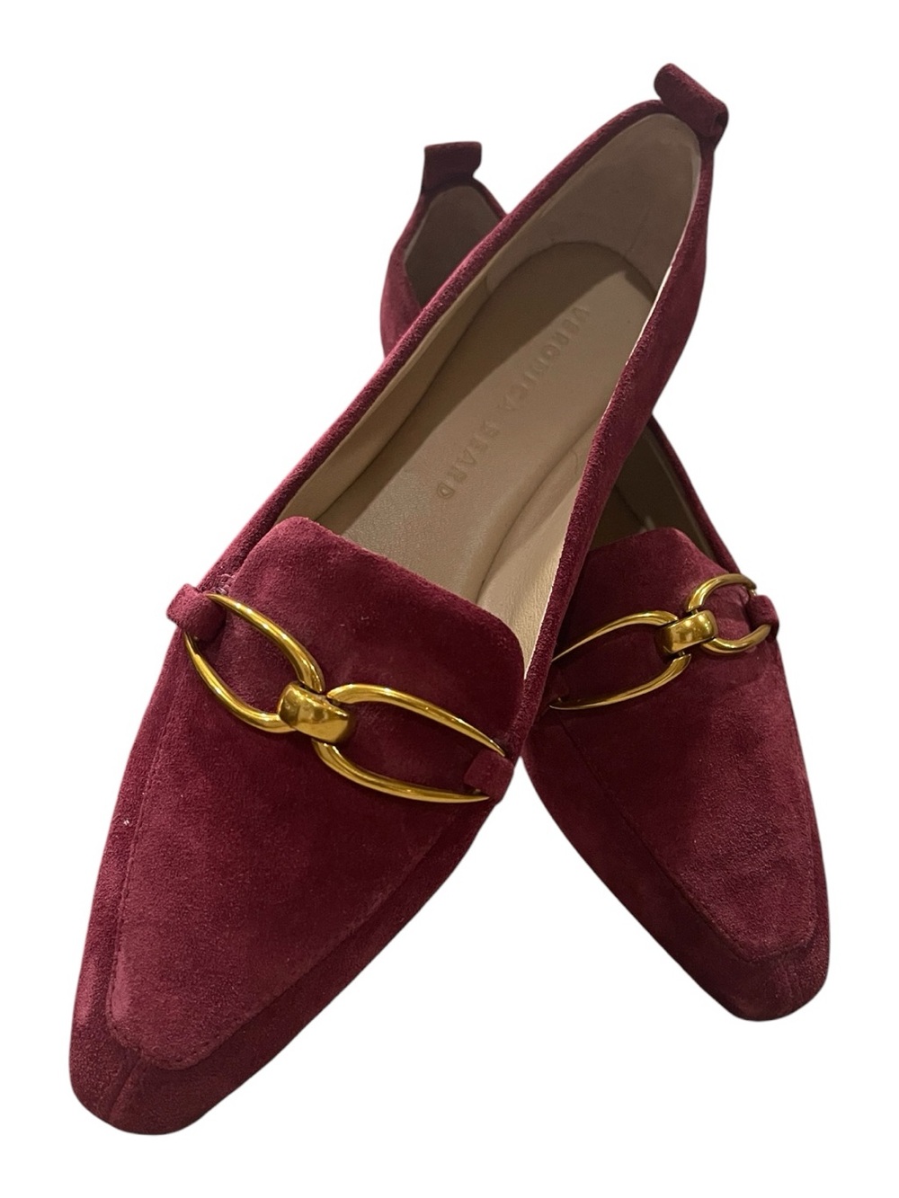 NEW VERONICA BEARD Burgundy Suede Loafers with Gold Chain Accent  size 6